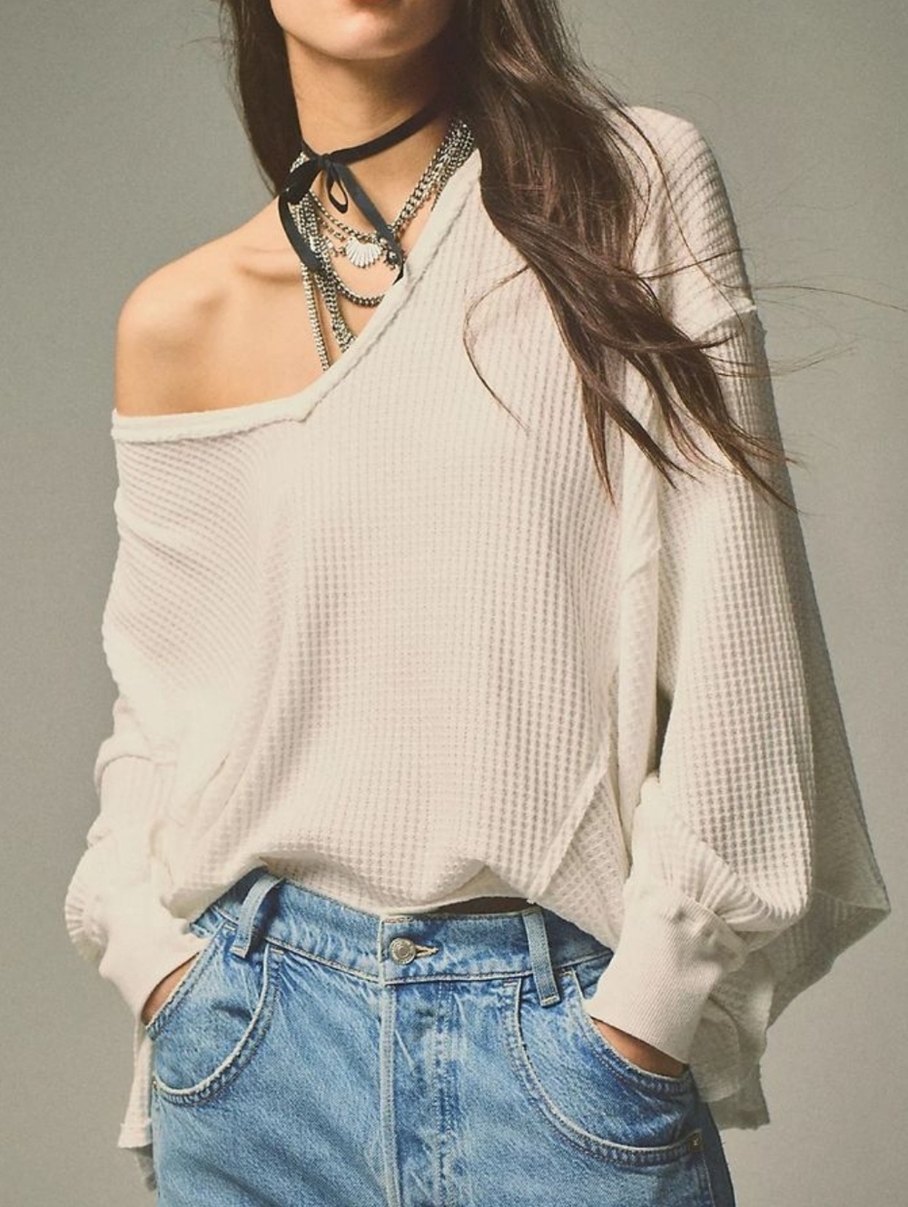 Free People Coraline White V Neck Waffle Knit Oversized Thermal Long Sleeve Top
